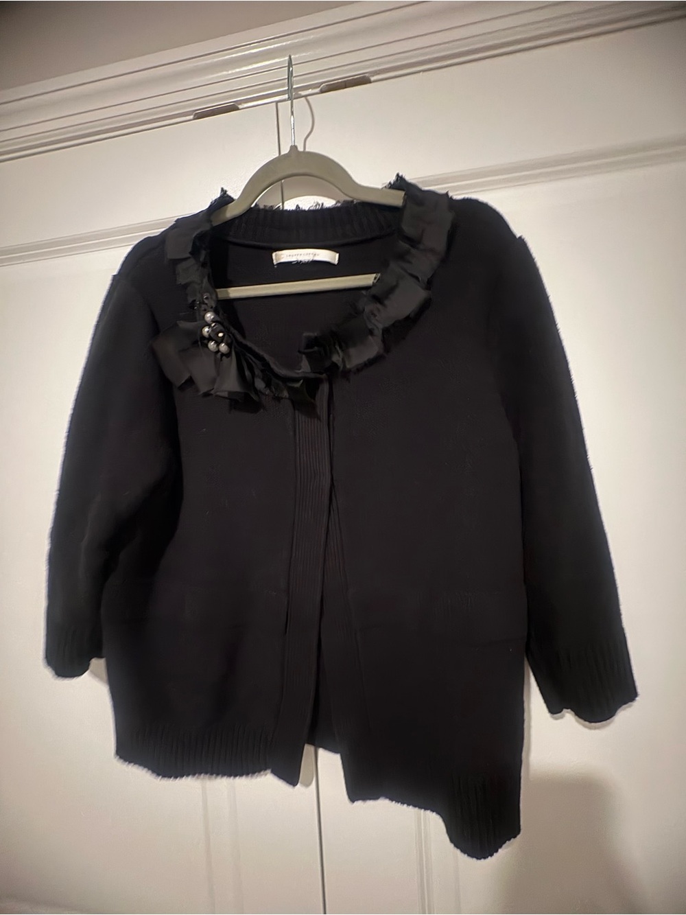 LC Lauren Conrad Black Ruffle-Trim Cardigan with Brooch Accent